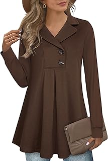 Women's Swing Tunic Notch Collar Ladies Button Sweatshirt...