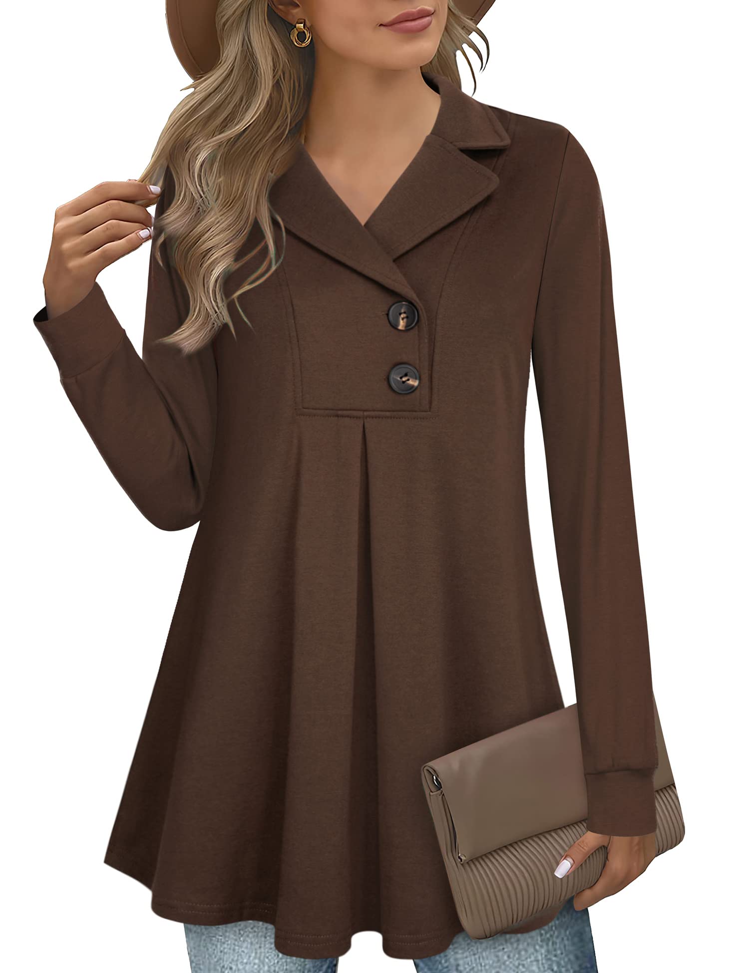 Gaharu Women's Swing Tunic Notch Collar Ladies Button Sweatshirt Long Sleeve Pullover Shirt Tops