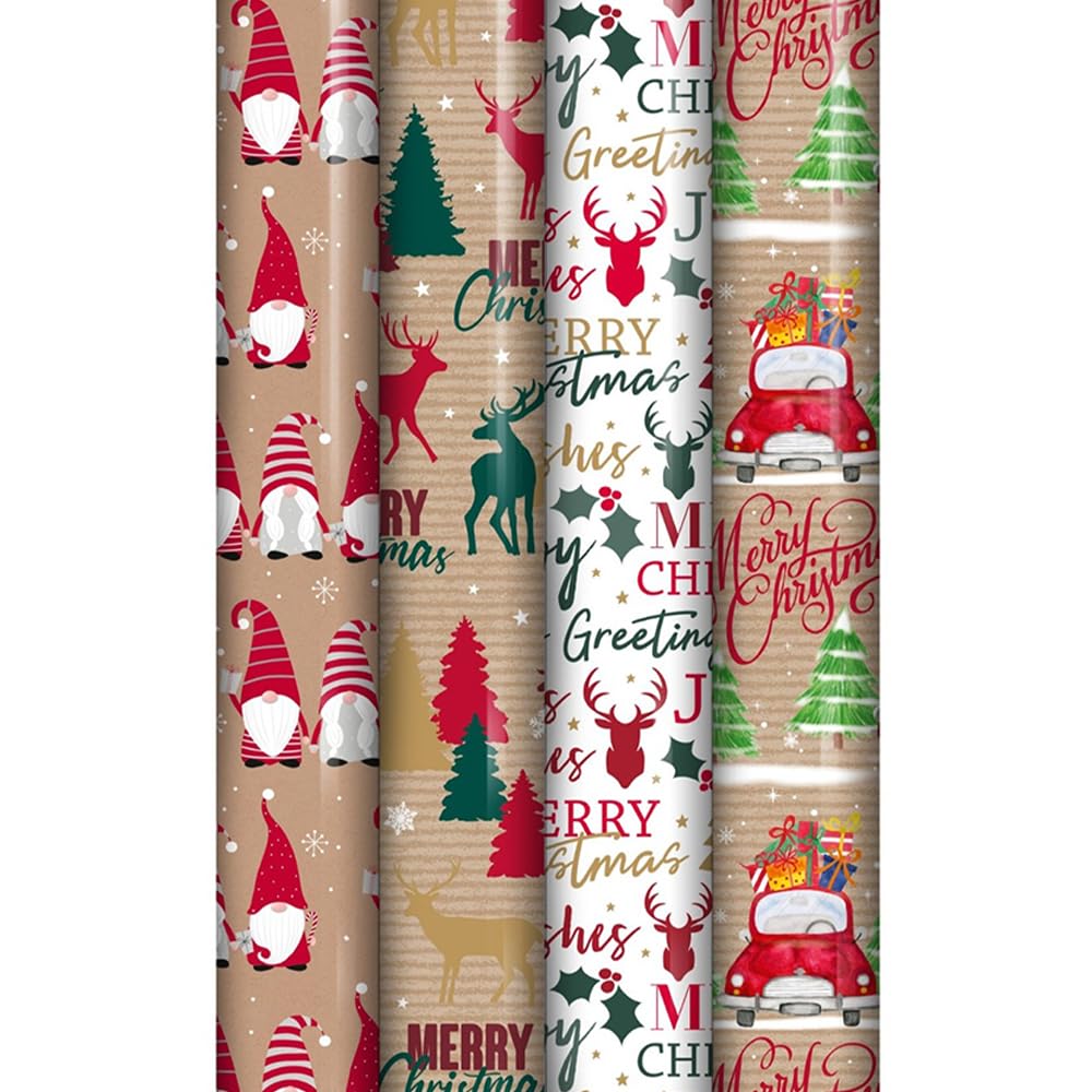 Pack of 4 x 4M Christmas Wrapping Paper Roll, Traditional Tartan Reindeer Decorative Designs Festive Gift Wrap for Presents, Boxes, and Decorations - ANGIX
