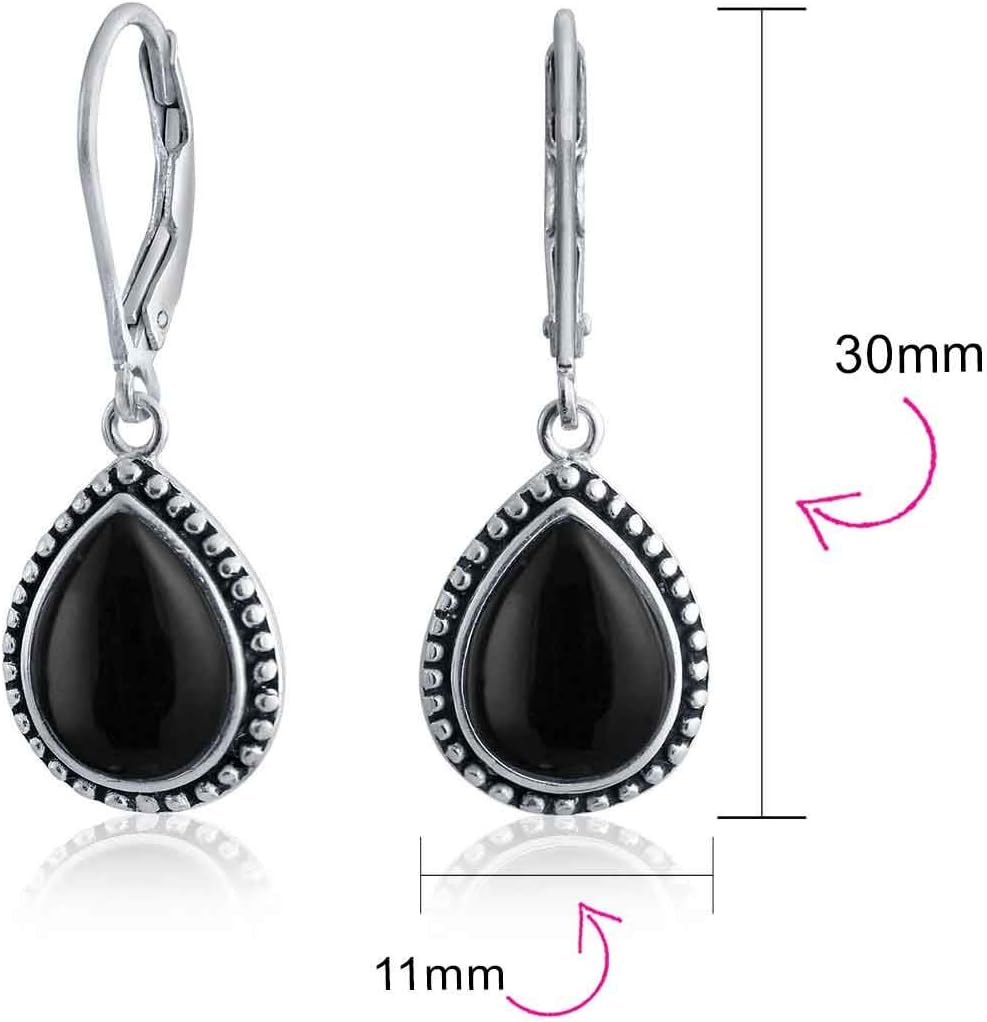 Boho Western Style Milgrain Setting Semi Precious Gemstones Lapis Turquoise Jade Onyx Quartz Pear Shaped Teardrop Lever Back Dangle Drop Earrings For Women Teen Oxidized .925 Sterling Silver