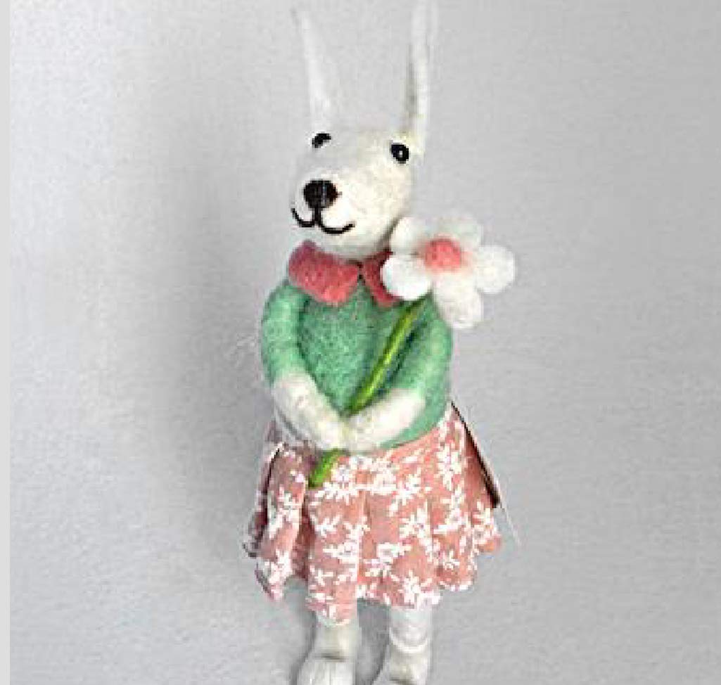 Pin Felt Needle Felted Collectible Girl Standing White Rabbit Hare With Flower