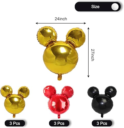 Miniatura 5 de Paquete de 9 globos de papel de aluminio para fiesta de ratón, globos negros, rojos y amarillos de 27 pulgadas para fiesta de ratones de dibujos