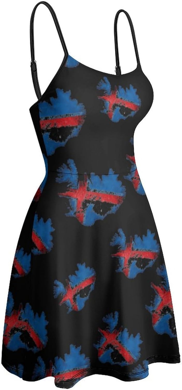 Flag Map of Iceland Short Cami Dress for Women Adjustable Spaghetti Strap Flowy Sundress Beach Vacation
