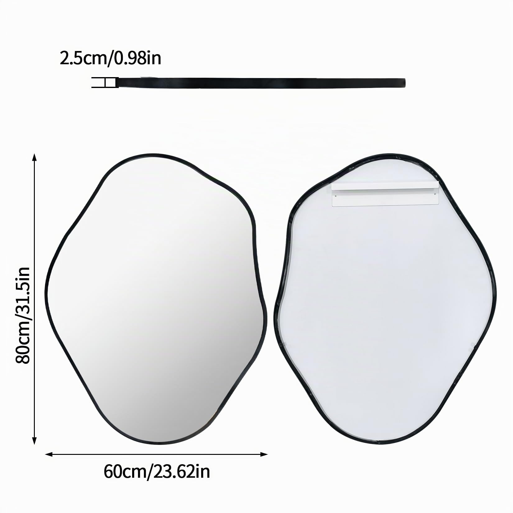 Espejo de Pared Irregular Asimétrico 60x80cm, Espejos Decorativos de Pared Único, Espejo Baño Irregular para Baño Dormitorio Sala de Estar Entrada, Negro