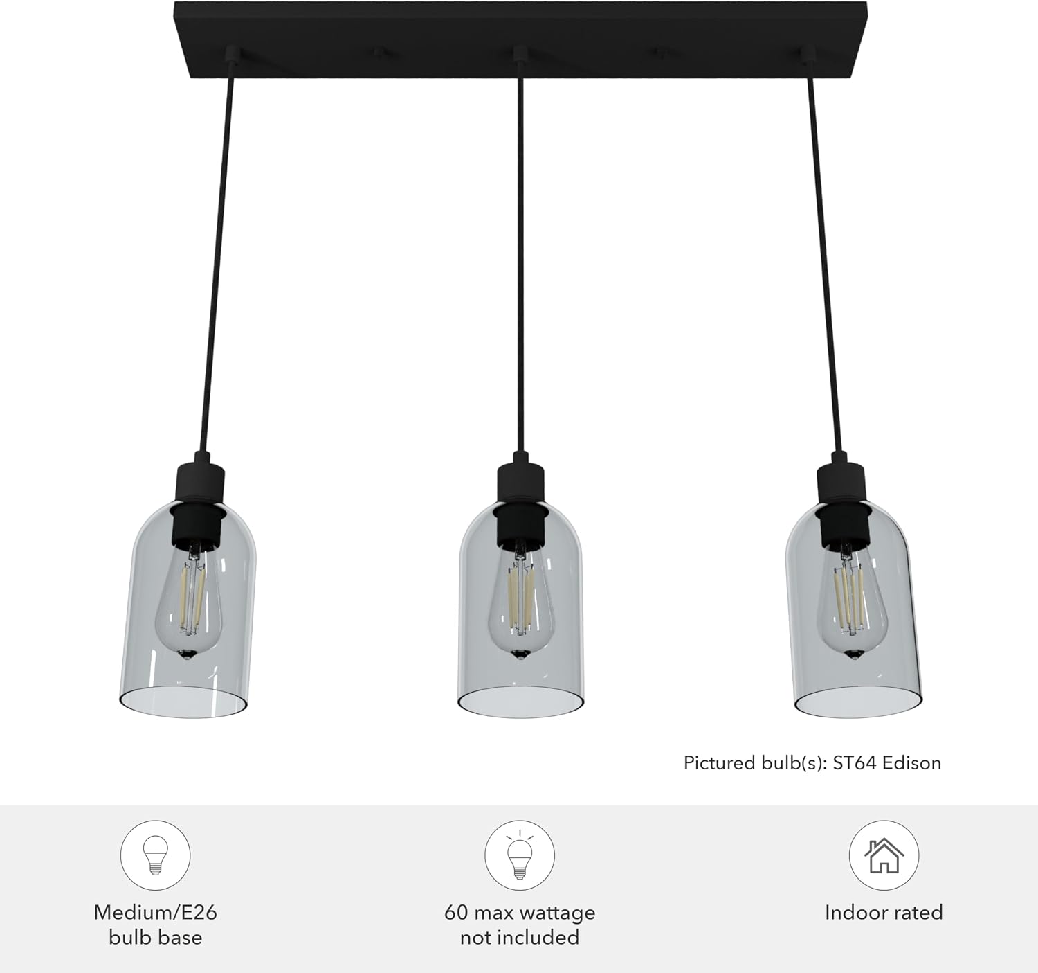 Hunter - Lochemeade 3-light Natural Black Iron, Large Cluster Light, Dimmable, Modern Style, Linear Shaped, for Bedrooms, Kitchens, Dining, Living Rooms - 19717