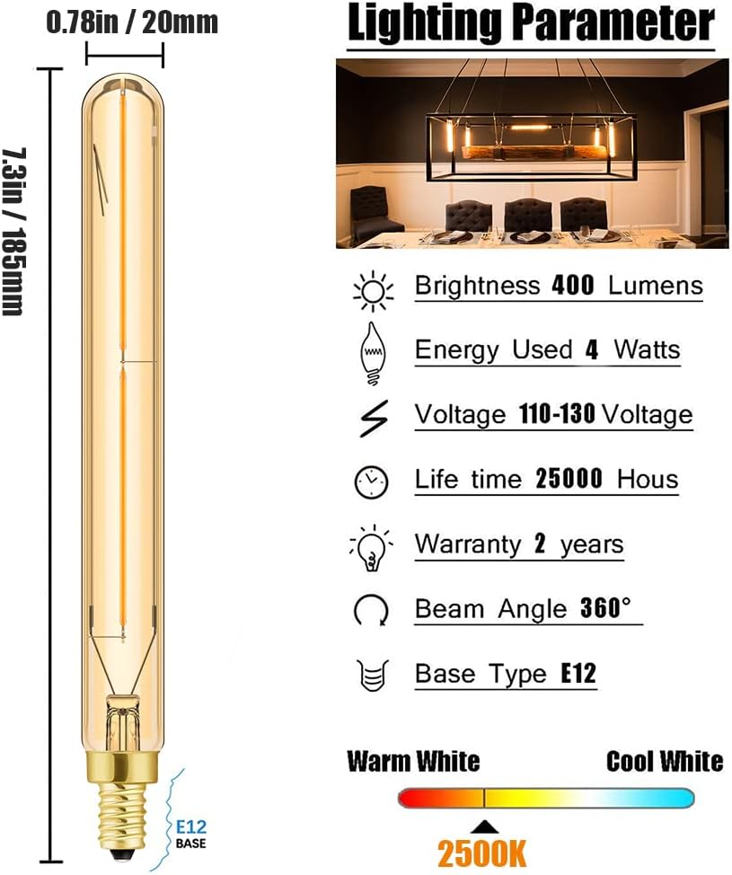 E12 Long Led Bulbs 4W Dimmable E12 Candelabra Bulb Warm White 2500K Amber Tubular Light Bulb 40 Watt T6 Edison Bulb 400lm 7.3Inch Vintage LED Filament, 6Pack