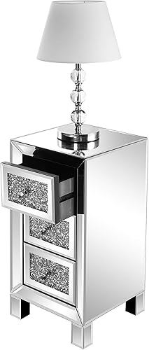 Miniatura 8 de Henf Moderna mesita de noche con espejo de 3 cajones, mesa auxiliar con espejo con pomos de cristal, mesita de noche totalmente montada para