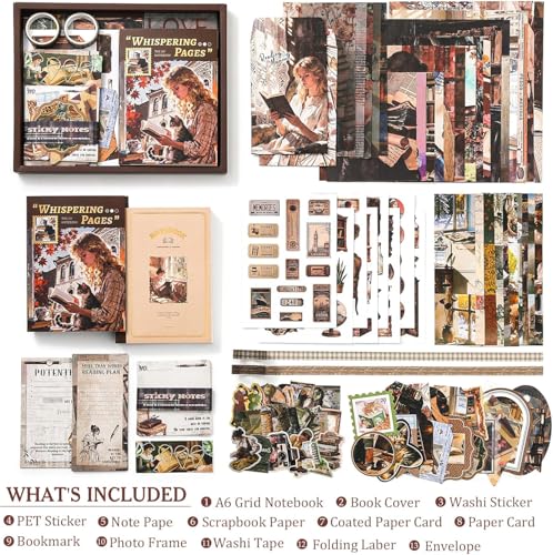 Image of MGNLR Vintage Aesthetic Scrapbook Kit(346Pcs) Scrapbooking Supplies Kit with Bullet Junk Journal,Stationery,A6 Grid Notebook Journaling Gift for Girl (Whispering Pages)