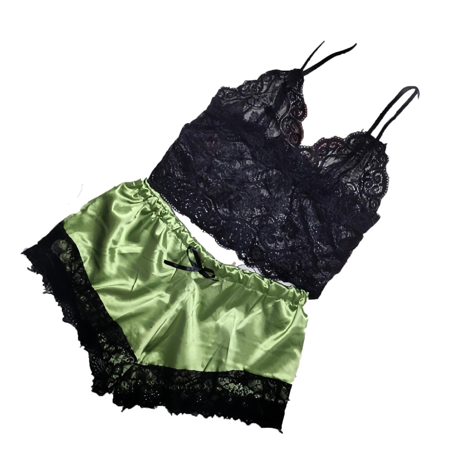HGps8w Womens Sexy Pajama Sets - Deep V Neck Crop Camisole Lace Tops with Satin Slik Shorts 2