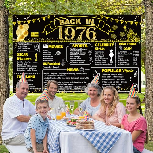 Image of DARUNAXY 50th Birthday Black Gold Party Decoration, Back in 1976 Banner 50 Year Old Birthday Party Poster Supplies Vintage 1976 Backdrop Photography Background for Men & Women 50th Class Reunion Decor