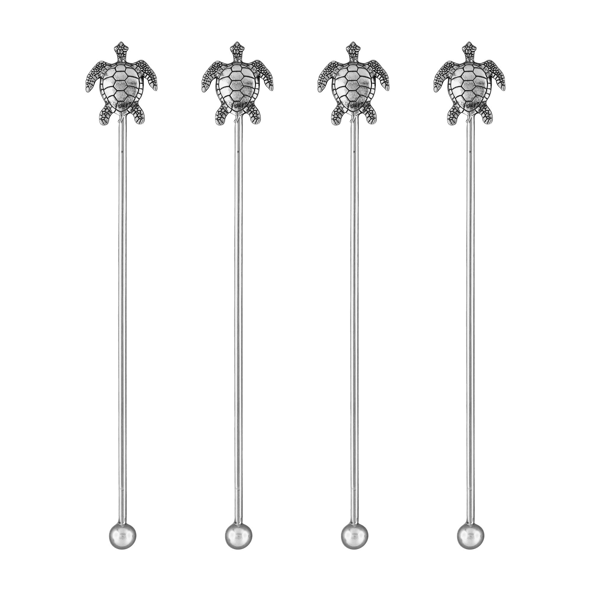 UPware Sea Turtle Swizzle Sticks, Zinc Alloy Decor Handle with 18/8 Stainless Steel Stirrer, Cocktail Drink Stirrers for Parties and Bars, Silver, 7.25 Inch, Set of 4