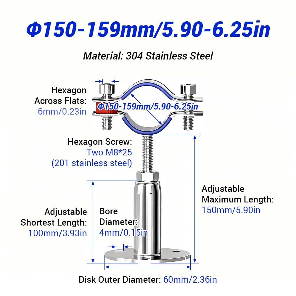 2 Stück Rohrschellen aus Edelstahl 304, verstellbare Rohrhalterung (100–150 mm) mit Schrauben, für Rohre mit 150–159 mm (5,9"–6,25") Durchmesser, zur Wand- und Deckenmontage