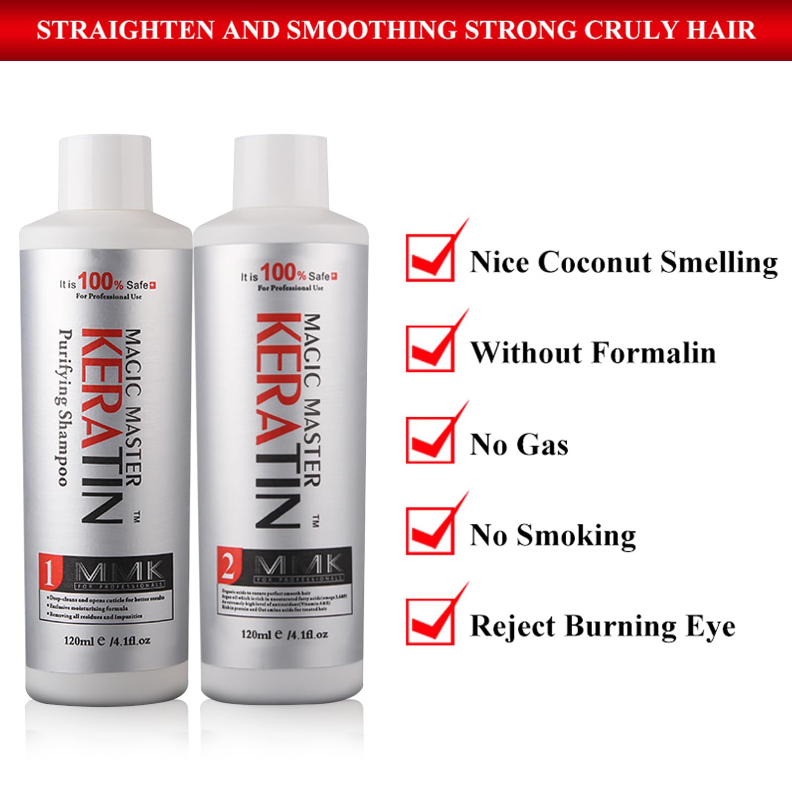 Brazilian Keratin Hair Treatment,Magic Master Keratin 120ml Purifying and Keratin Treatment Free Formalin Without Strong Smelling and Smoking Straighten Smooth Normal Curly Hair(120ml*2)