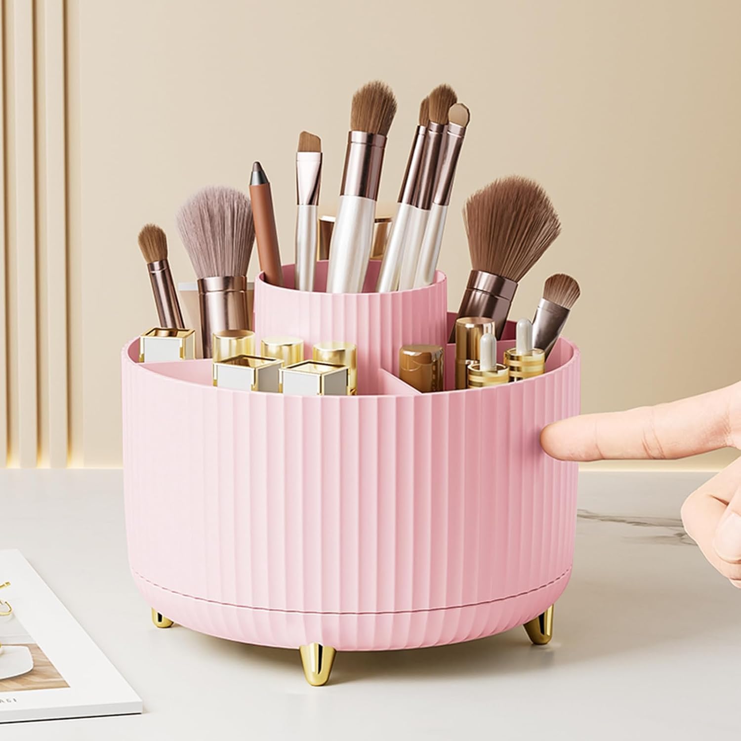 House of QuirkHouse of Quirk Makeup Brush Holder Organizer, 360° Rotating Cosmetics Makeup Brush Organizer,5 Slot Make Up Brushes Cup For Desktop Organizer (Pink)