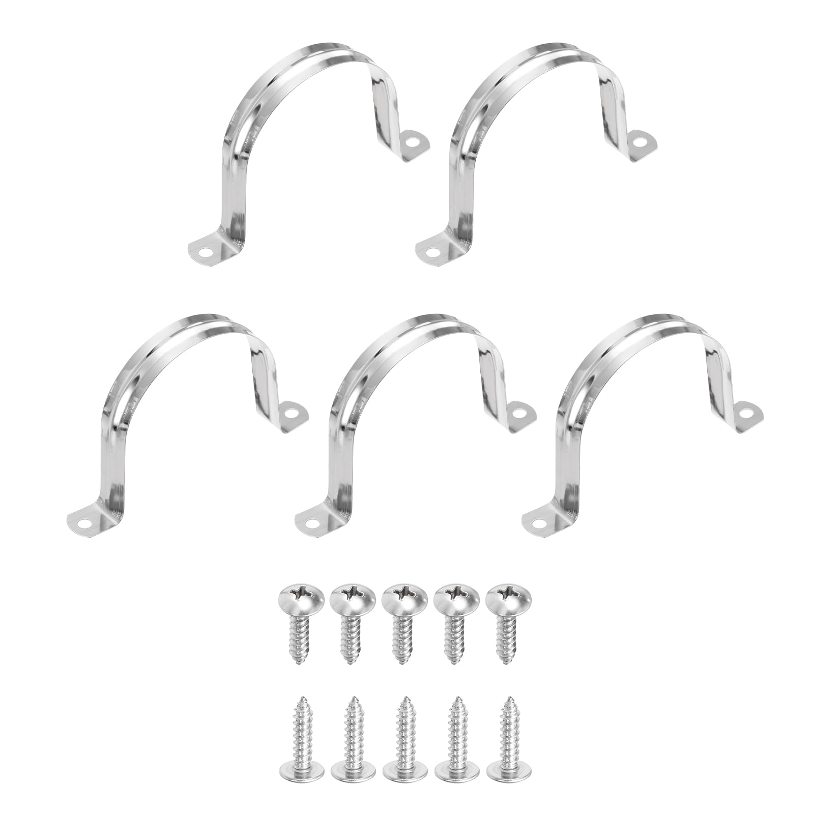 sourcing map 5Pcs 80mm(3-1/8") 304 Stainless Steel Rigid Pipe Strap, Two Hole Strap U Bracket Heavy Duty Pipe Conduit Clamp with Self-Tapping Screws for Hose Wire Cord Installation, Silver