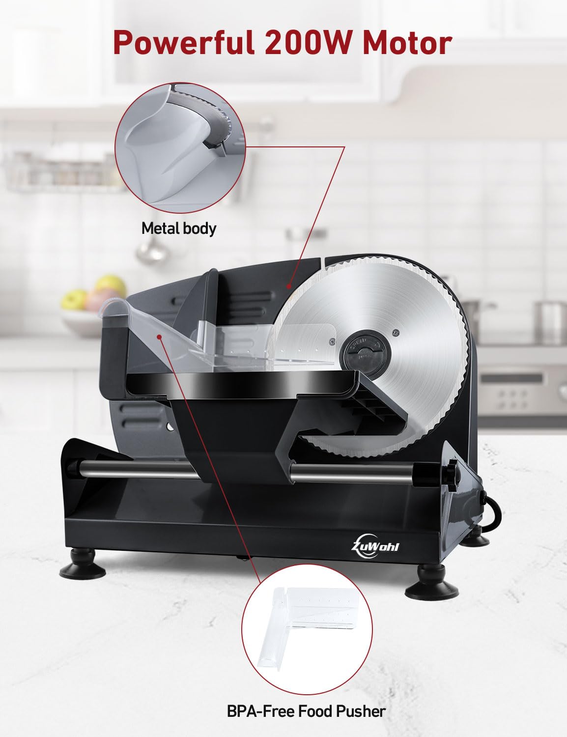 Affettatrice Elettrica da Casa, Due Lame da 19 cm, 200W Affettatrice Professionale con Piedini Antiscivolo e Interruttore ON/OFF, Spessore Preciso 0-15 mm per Affettare Cibi, Carne, Pane
