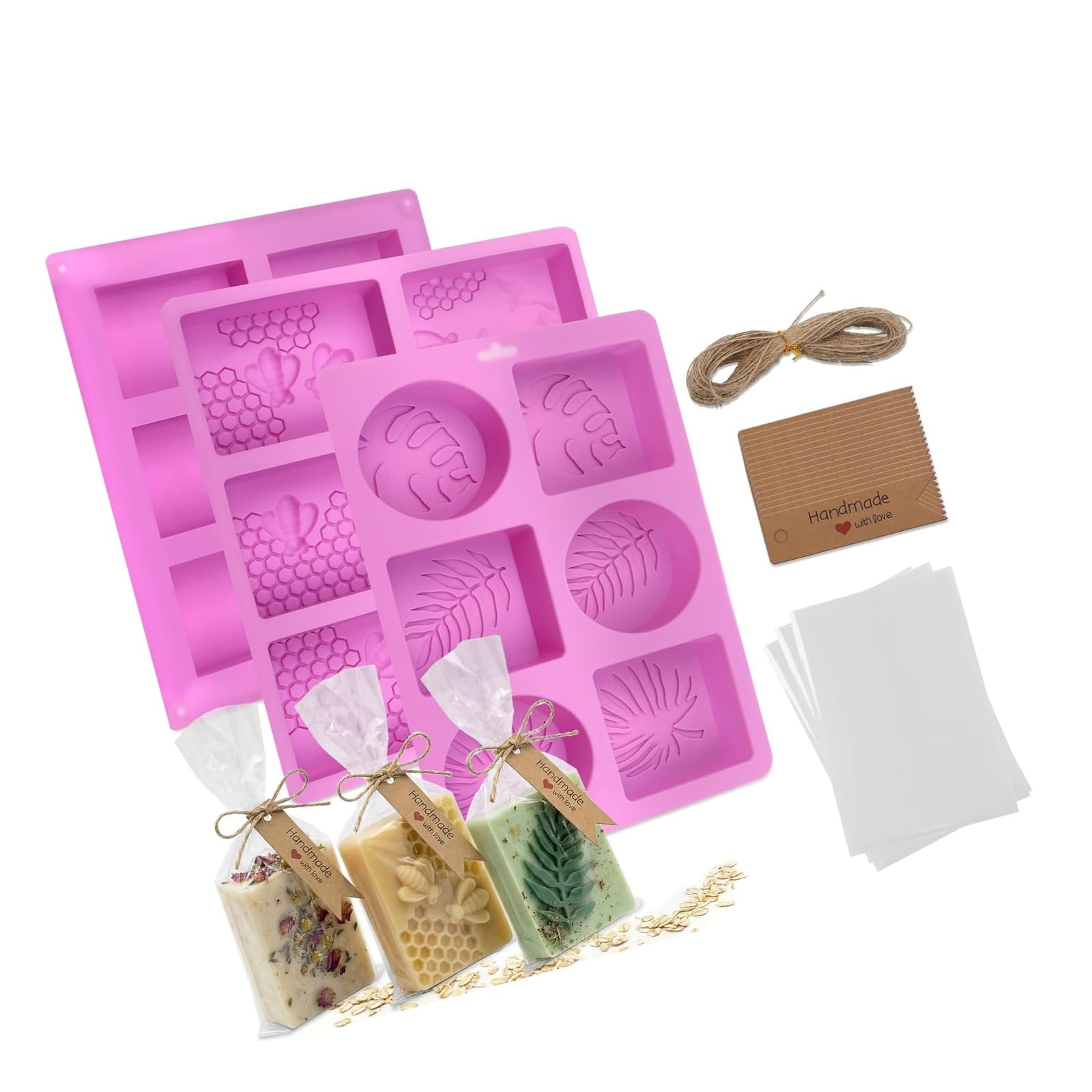 Mekalero Multicolor Soap Making Supplies Set With 3 Silicone Forms, 48 Bags, 48 Tags, Cord And Sisal Pouches For Home Craft Projects And Wrapping Packaging Bags Tags Cord Soap Saver Pouches Raised