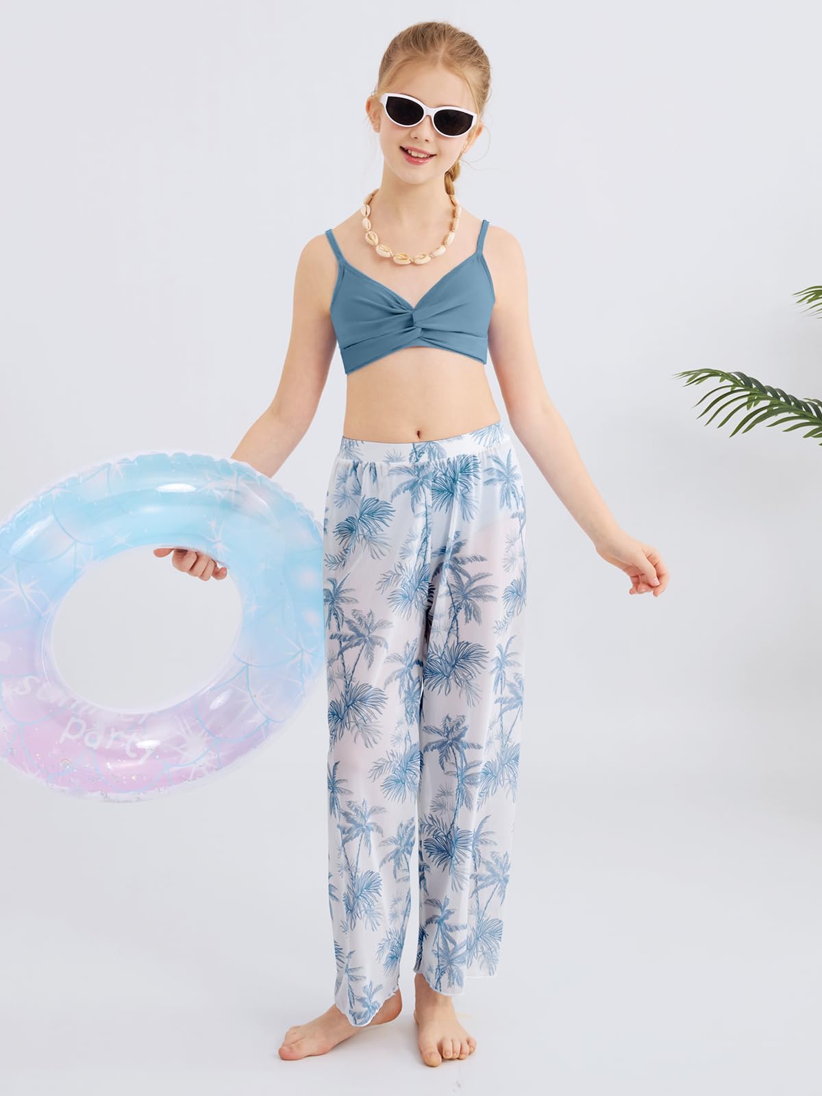 ESHOO Girls Swimsuit 3 Piece Bikini Bathing Suit Criss Cross Tropical Floral Swimwear Quick Dry Cover Up Pants 9-16Y