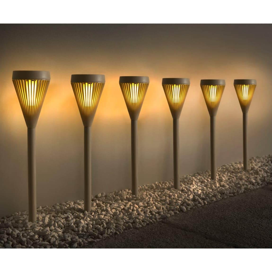 New Set of 6 Solar Powered LED Flame Effect Garden Post Lights in Taupe – Outdoor Pathway, Border and Flower Bed Decorative Stake Lights Outdoor Decor-A61