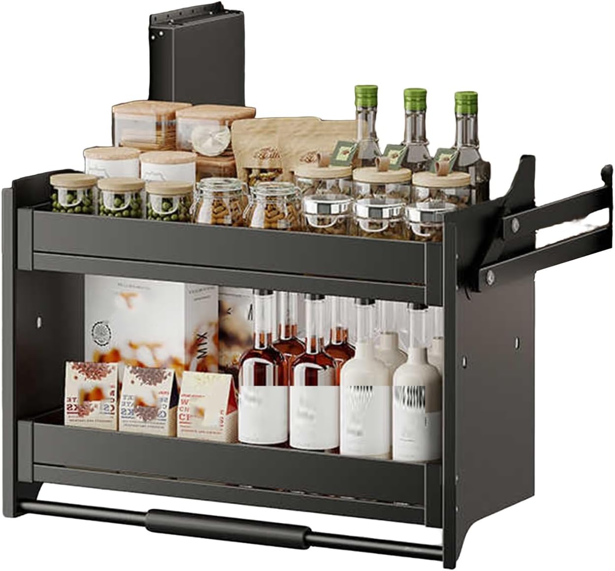 2 Tier Pull Down Cabinet Organizer - Heavy-Duty Sliding Storage Basket for Upper Cabinets (365-410mm) - Space-Saving Kitchen Solution for Easy Access & Organization