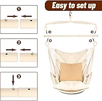Vista 8 de Silla hamaca colgante con cuerda – Máximo 500 libras – 2 cojines y 1 almohada para el cuello incluida – Barra separadora de acero resistente