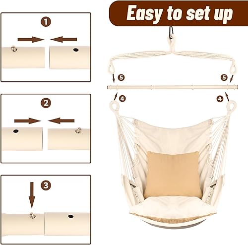 Miniatura 8 de Silla hamaca colgante con cuerda  Máximo 500 libras  2 cojines y 1 almohada para el cuello incluida  Barra separadora de acero resistente con