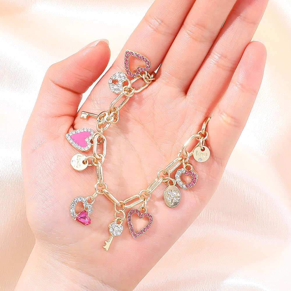 Cute Gold Heart Charm Link Bracelet for Women 14K Gold Plated Rhinetstone Love Heart Lock Key Lucky Clover Chain Bracelet with Dangle Crystal Pendant Adjustable Party Trendy Y2K Jewelry Gift for Women - Image 6