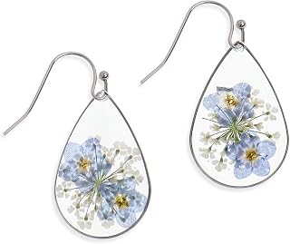 Jean Beau 925 Sterling Silver Pressed Flower Dangle Earrings Women Handmade Hypoallergenic Resin Dried Flower Teardrop Jewelry