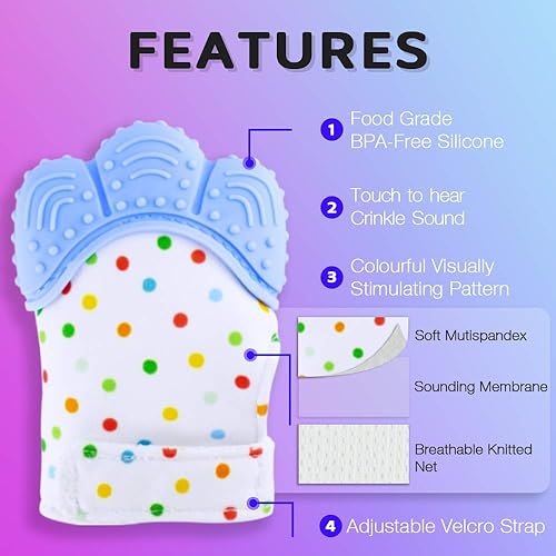 Miniatura 5 de Manoplas de dentición para bebé (paquete de 2) con juguetes de dentición para bebé (paquete de 3), manoplas de alivio del dolor autocalmante,