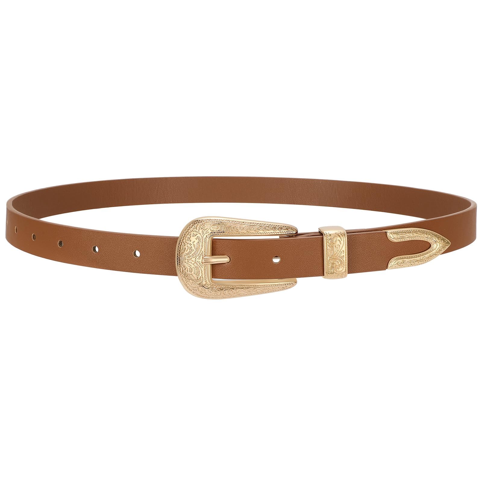 SUOSDEY Western Skinny Leather Belt for Women Cowgirl Cowboy Carving Buckle Waist Belt for Jeans Dresses 0 8