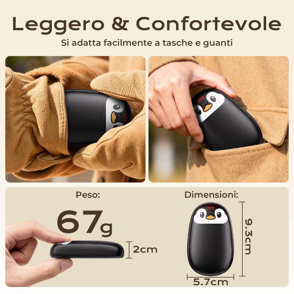 Scaldamani Elettrico, Pinguino Scaldamani Carino 2 Pack, Ricaricabile e Riutilizzabile, Portatile, 23 Ore, Riscaldamento Rapido, Adatto per Esterno, Campeggio