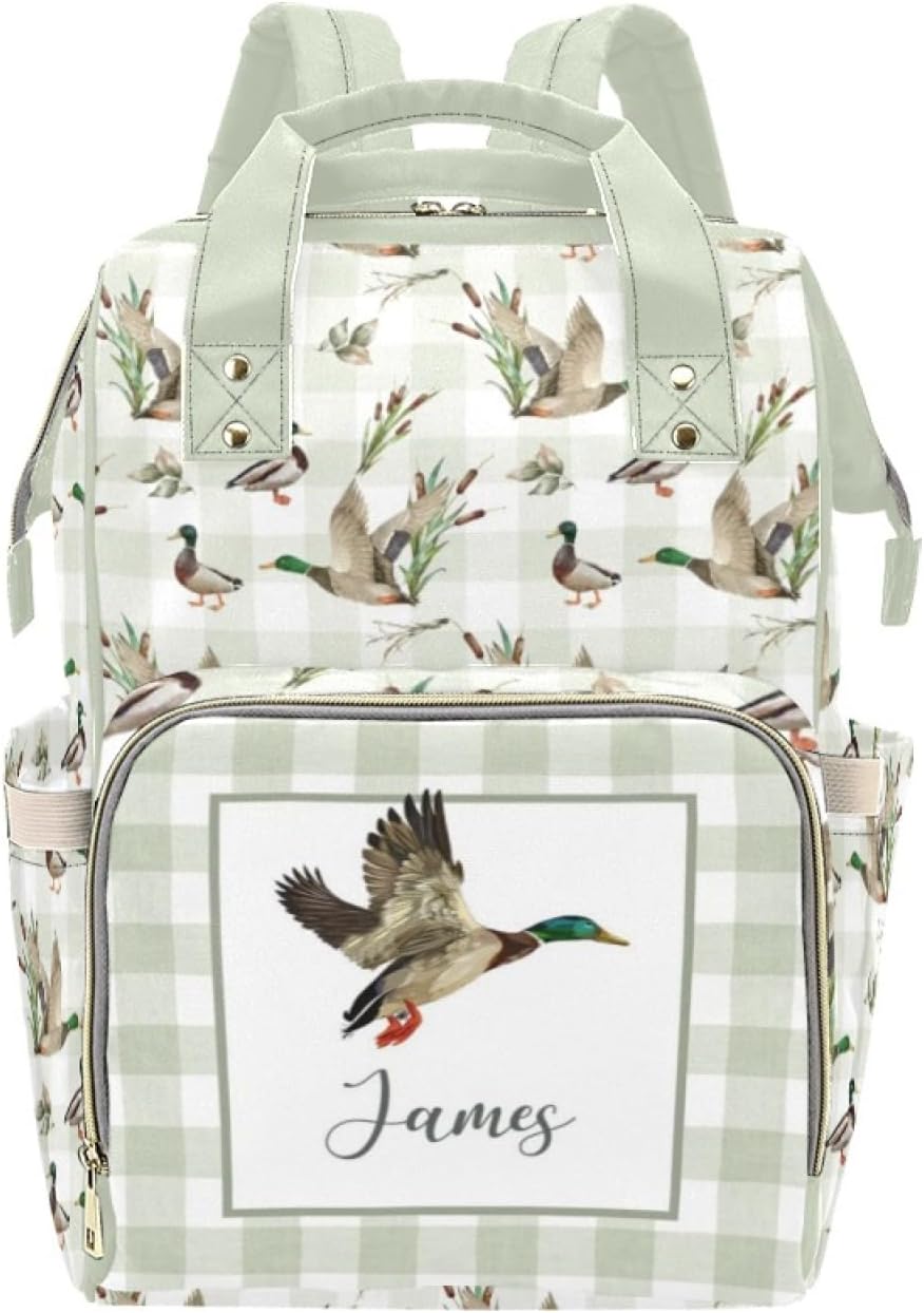 Custom Wild Ducks Diaper Bag for Women, Personalized Name Multifunction Nylon Nursing Mommy Daypack with Large Capacity for Travel, Birthday Mother Gift