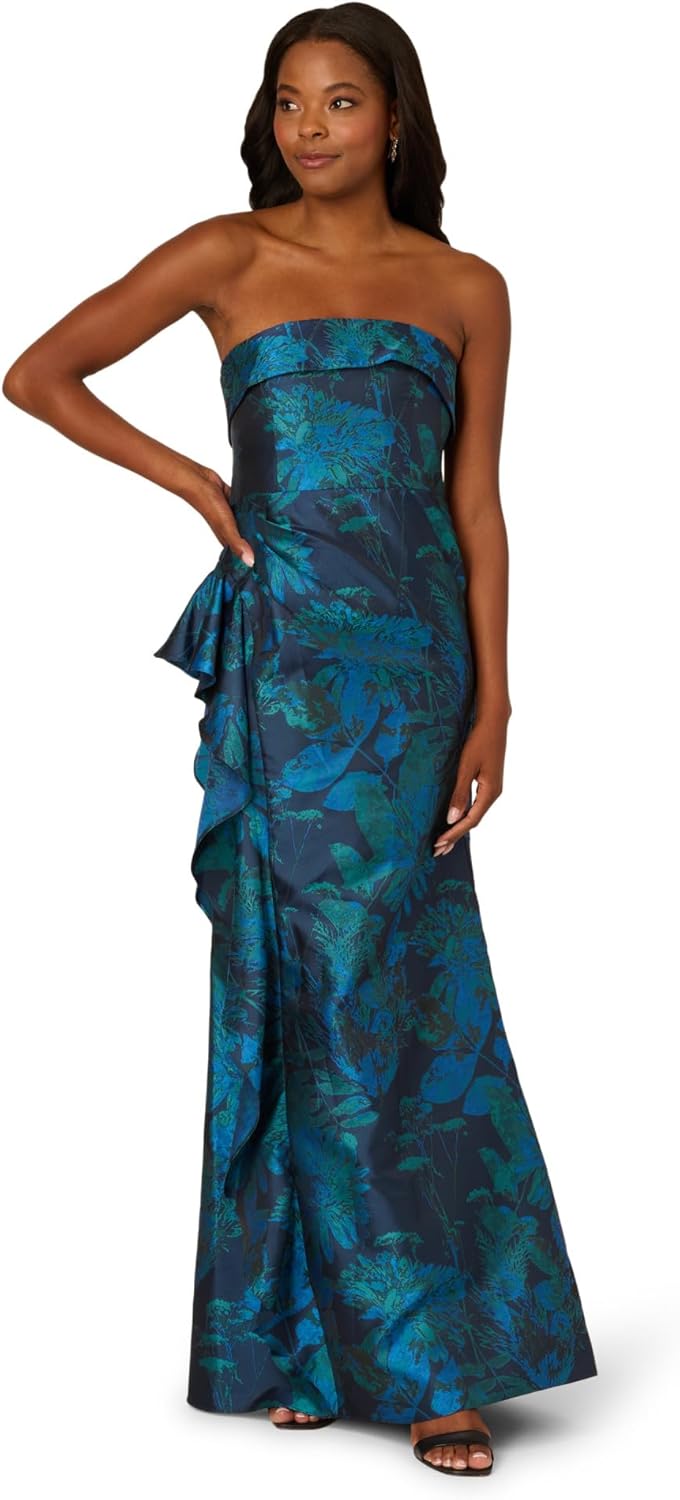 Adrianna Papell Strapless Draped Floral Jacquard Gown