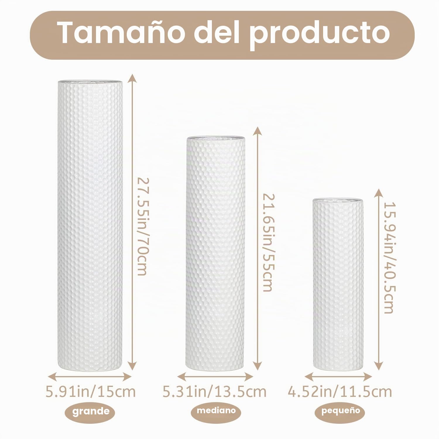 Dnnnii Juego de 3 jarrones – Jarrones altos cilíndricos de metal blanco, estructura moderna de panal, grandes jarrones de pie para salón (altura hasta 70 cm, decoración de habitaciones)