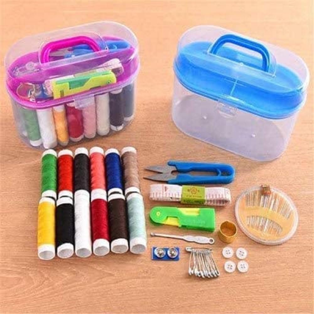HEVIR Double Layer Portable Travel Sewing Kit Box with Color Needle Threads, Scissors, Pins - Compact Handwork Sewing Kit for On-The-Go Use - Practical All-Purpose Home Treasure Sewing Box