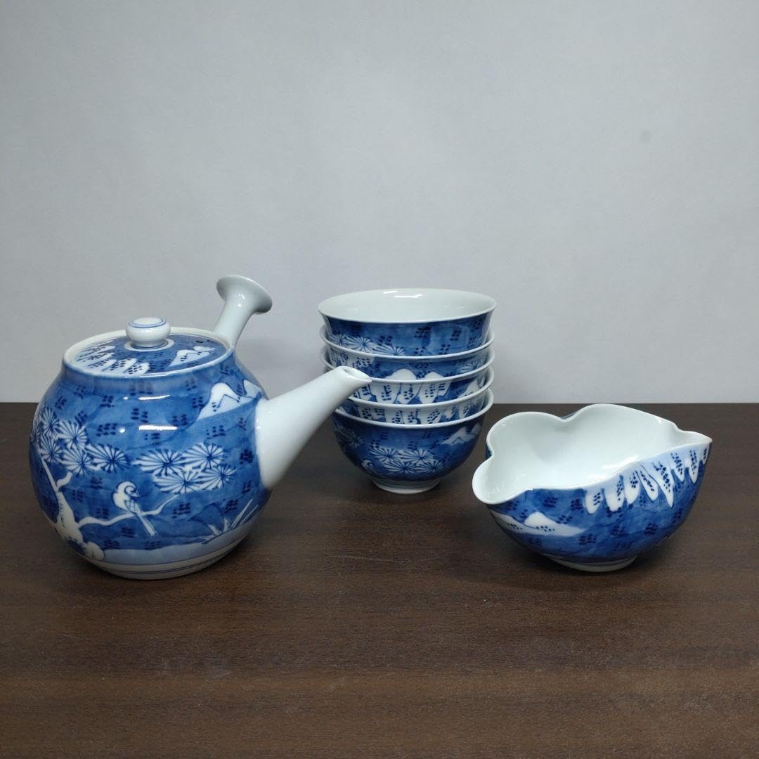 Amazon.co.jp: 平安 草泉 作 染付 山水文 煎茶器 煎茶碗五客 湯冷まし  