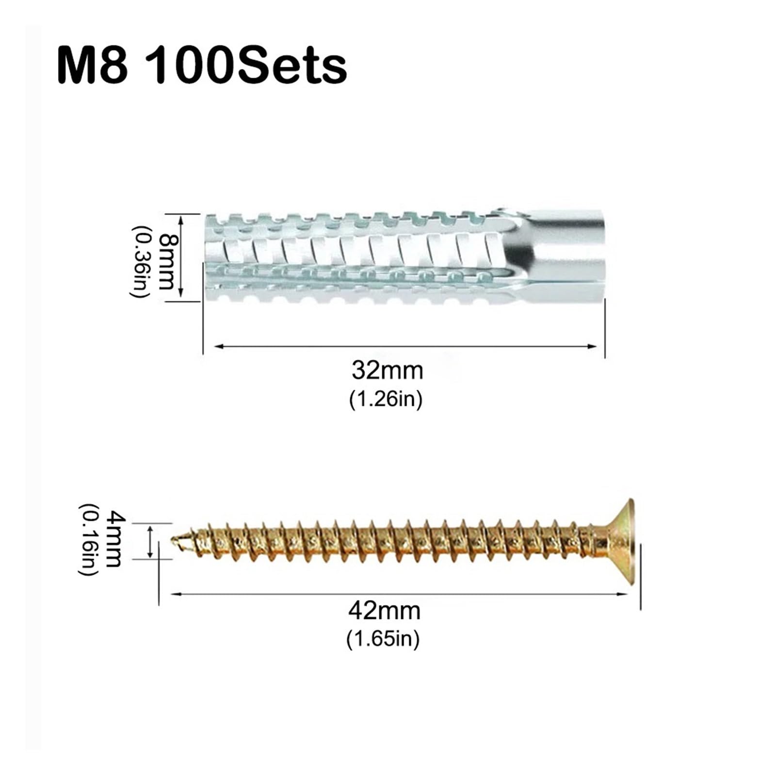 Anclaje Pared Expansión autorroscante de metal | Clavos de tubo Tornillos de pared dentados Sujeciones Perno Concreto(M8 100Sets)