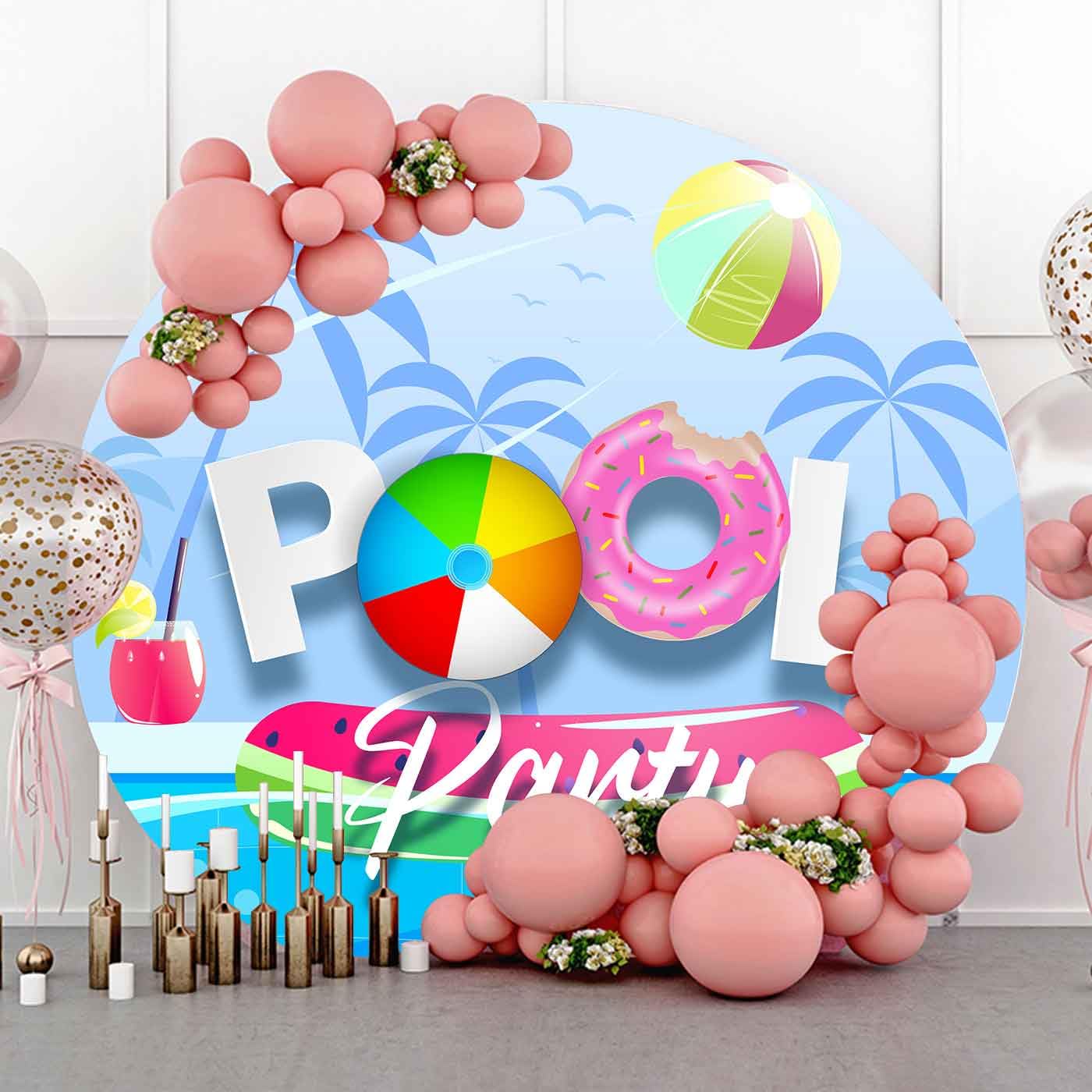 PHMOJEN 7.2ft Pool Party Round Backdrop Cover, Flannel Boys Summer Hawaiian Beach Holiday Circle Backdrop Cover, Kids Birthday Baby Shower Chic