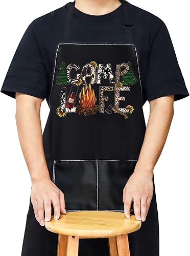 WZMPA Delantal de campamento con bolsillos, delantal de cocina para campamento, regalos para campistas, delantal ajustable para amantes de los