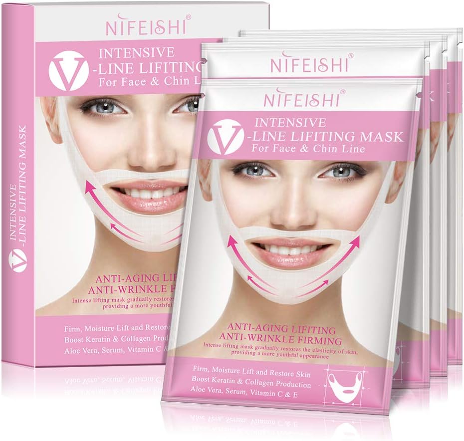 V Line Lifting Mask Chin Up Patch V Shape Face Lifting & Double Chin Reducer Intense Lifting Mask Neck Mask V Shape Face Mask for Firming Moisturizing Face & Neck Lift, Pack of 4
