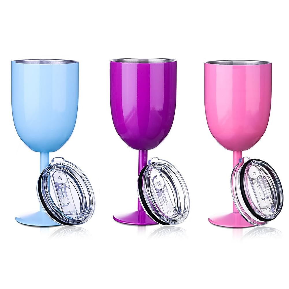 Greohnmpaw Stemmed Stainless Steel Wine Glasses With Lid Double Wall Insulated Wine Tumbler Goblets Wine Glasses(No Straw)