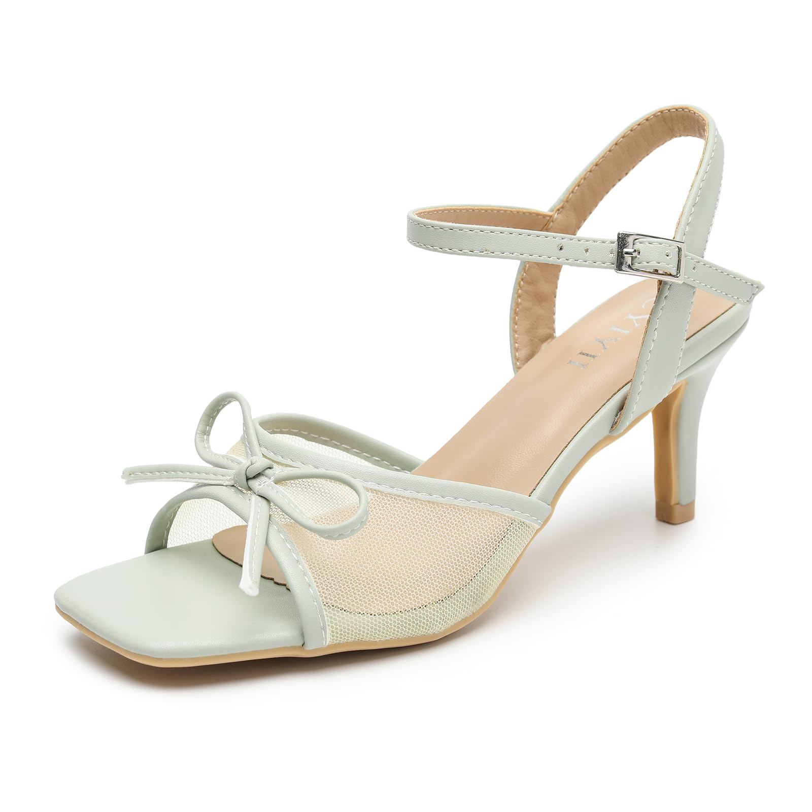 CYIYII Women's Kitten Heel Sandals, Square Toe Mesh Bow Heels, 2.5 Inch Heeled Dress Sandals for Wedding, Party, Prom, Daily Wear