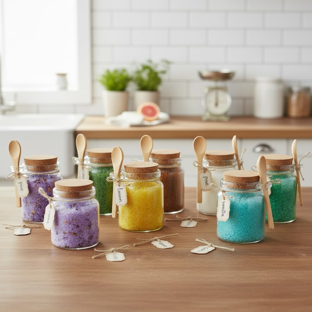 Ahhute Glass Sugar Scrubs Jars, Bath Salt Container, Snacks Spice Jars w/Bamboo Spoons, Honey Scrubs Body Butter Jar w/Corks, Labels and Cleaning Brush, Wedding Party Favors Gifts, 8oz 24 Pack