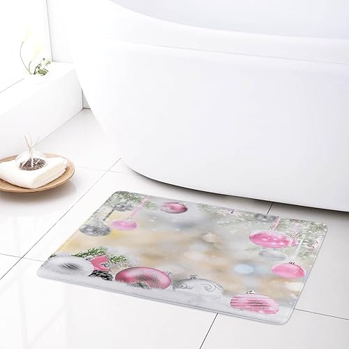 Miniatura 3 de LB Pink Christmas Shower Curtain Sets with Rugs Silver Xmas Ball with Green Fir Branches Winter Holiday Fabric Shower Curtain with Hooks New Year