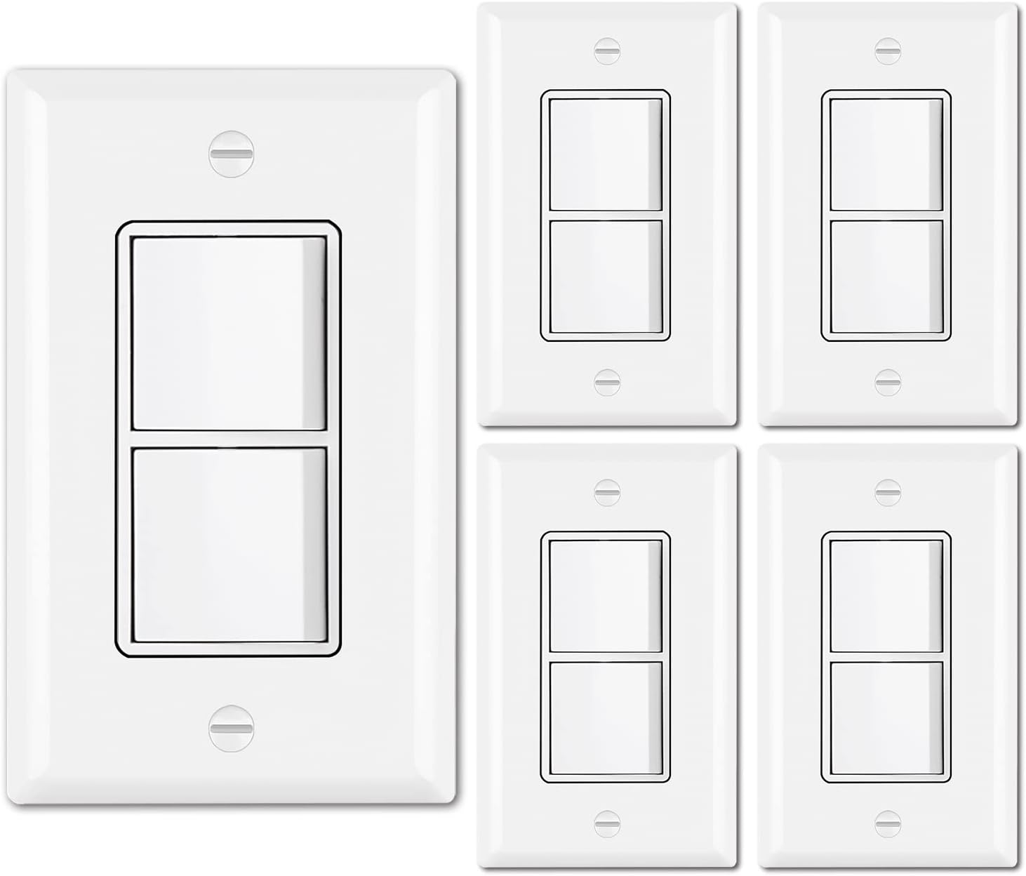 BESTTEN 5 Pack Double Light Switch, Single Pole, Combination Decorator Interrupters, 15A 120V, in-Wall On/Off Switch, Dual Paddle Rockers, Wallplate Included, UL Listed, White