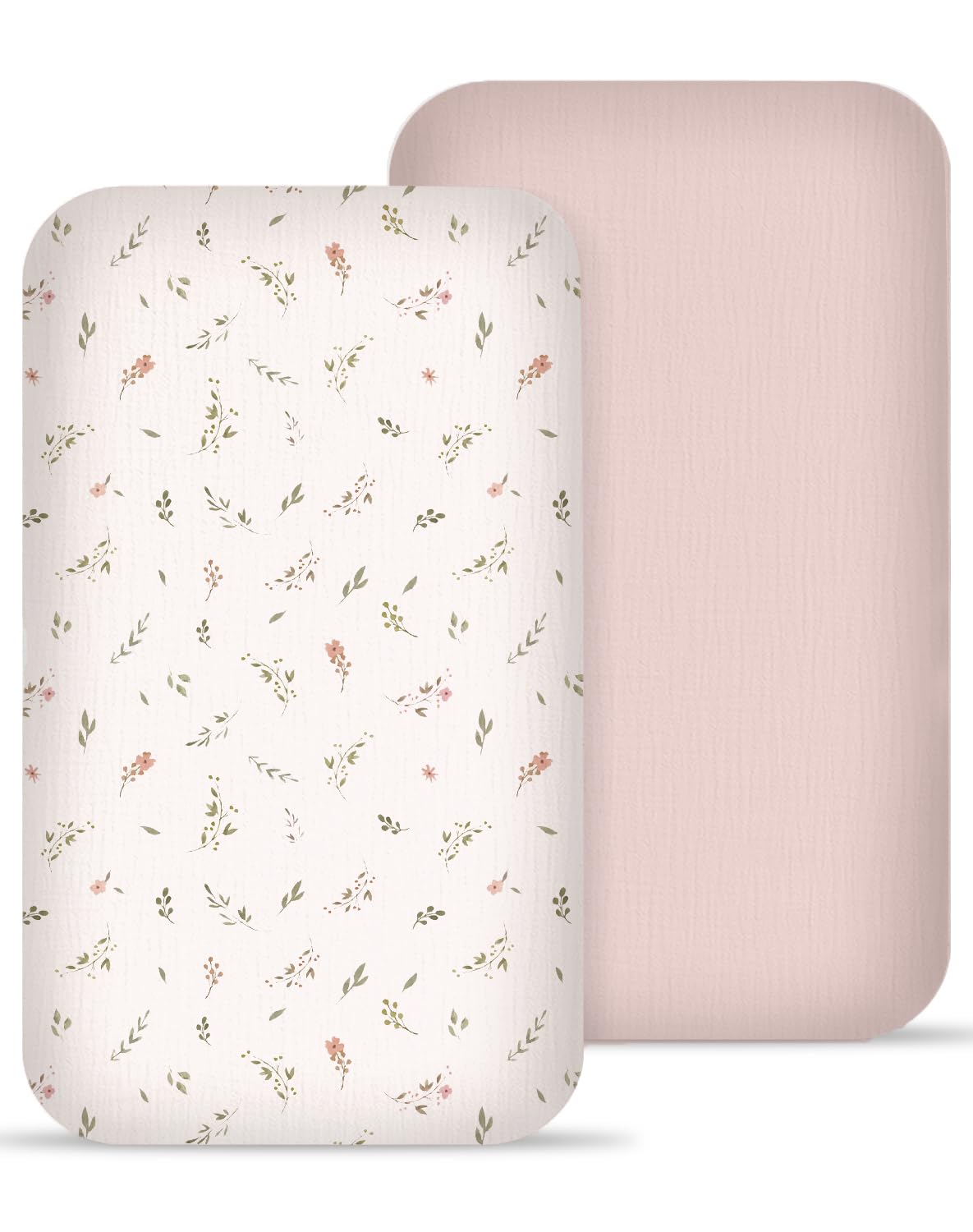 Muslin Bedside Bassinet Sheets 2 Pack, 33x20 Fitted Ultra Soft & Breathable Bedside Sleeper Sheets, Ideal for Baby Girl and Boy, Perfect for Newborns (Petal Leaf & Pink) — image 1