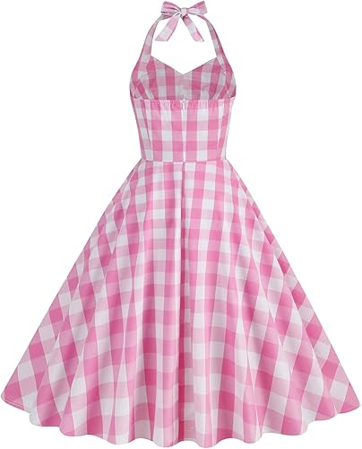 Miniatura 3 de Vestidos de cuello halter a cuadros de los años 50 para mujer, vestidos rockabilly rosados vintage 1950, vestidos de lunares con vuelo, vestido