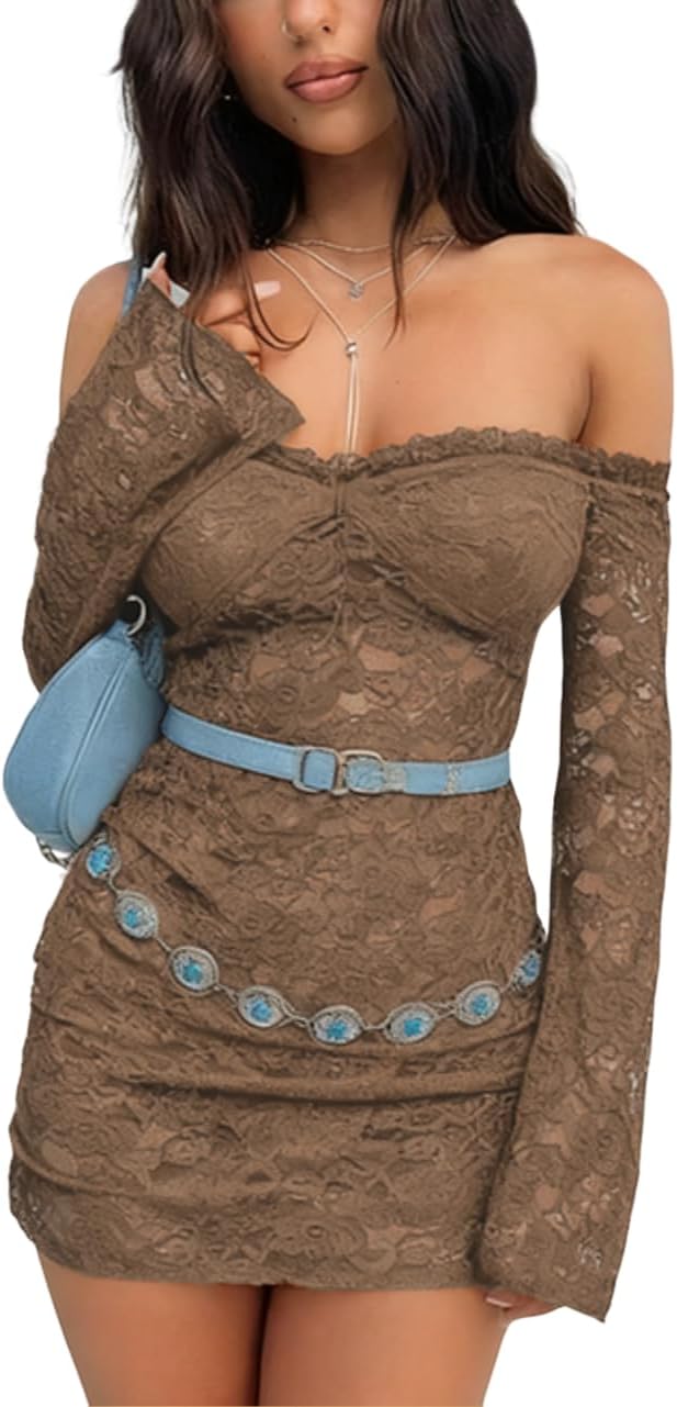 Womens Sexy Off Shoulder Lace Dresses Long Sleeve See Through Bodycon Mini Dress Y2K Dress Birthday Date Night Outfit