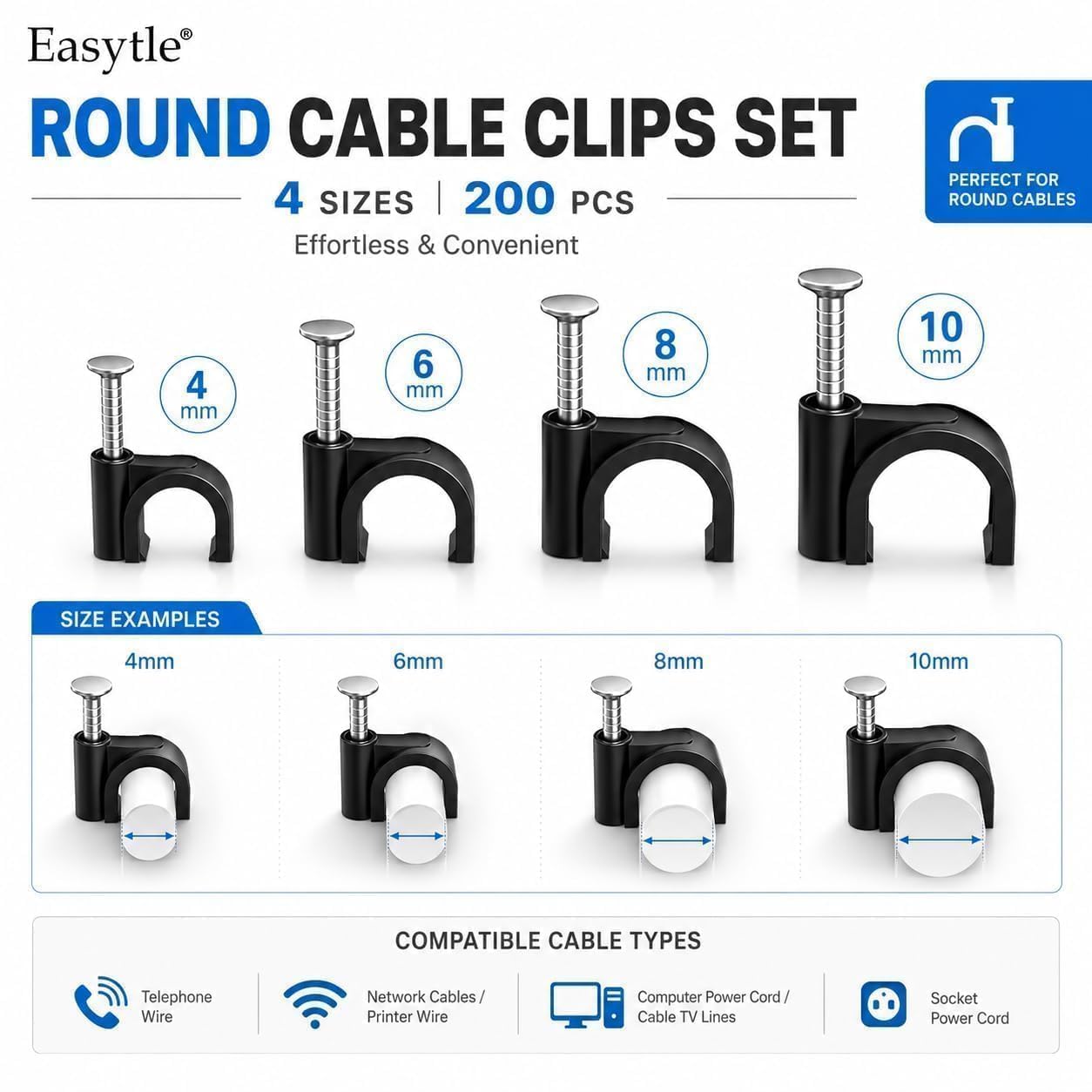 200 Pcs Cable Clips 4/6/8/10mm Nail in Cable Clips Cable Wire Clips Cable Tacks Coax Cable Speaker Wire Clips Cable Nails for Cords Wall Wire Clips RG6 RG59 CAT6 RJ45 Ethernet Cable Clips Black — Amazon image 3