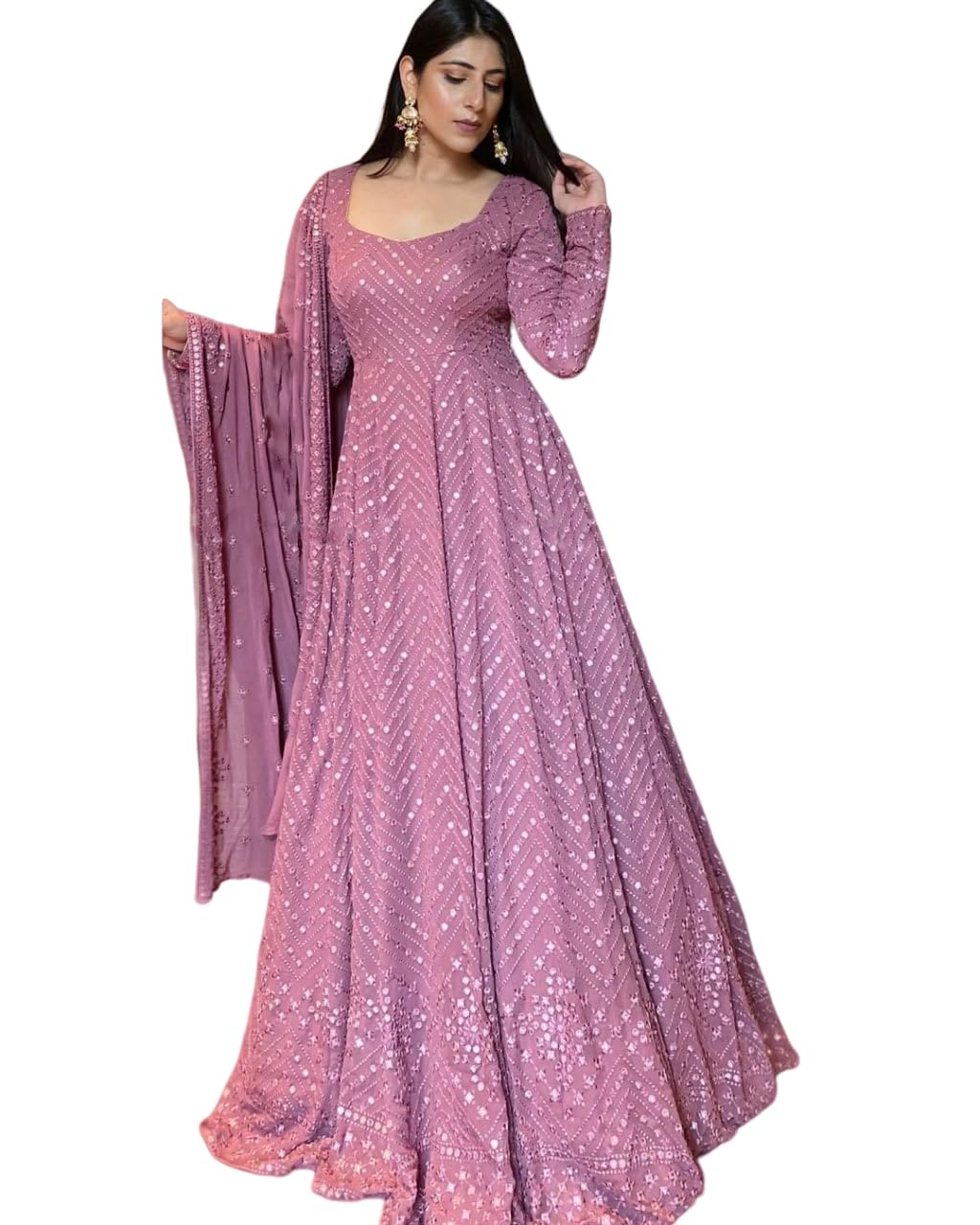 Womens Sequence with Thread Embroidery Georgette Maxi Dress Ethnic Wear Comfortable Round Neck Gown with Dupatta Pair (S_A_E_56270)-image-49